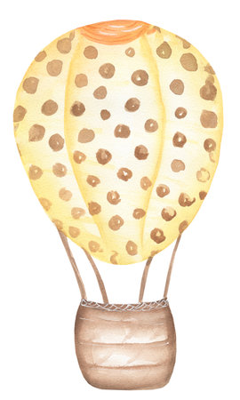 Watercolor transport Illustration, Cute kids airballon print clip art, hand drawn kids party clipart. Yellow air balloon transportation. Artwork for textiles, fabrics, souvenirs, baby shower, greeting cardの写真素材