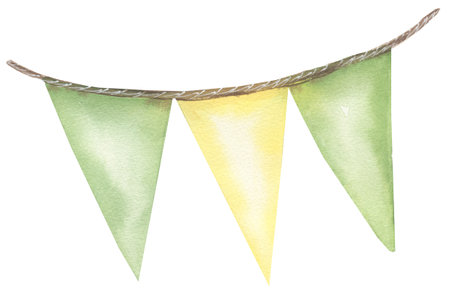 Watercolor party flags Illustration, Cute decor clip art, hand drawn kids party decoration clipart. Yellow and green flag. Artwork for textiles, fabrics, souvenirs, baby shower, greeting cardの写真素材