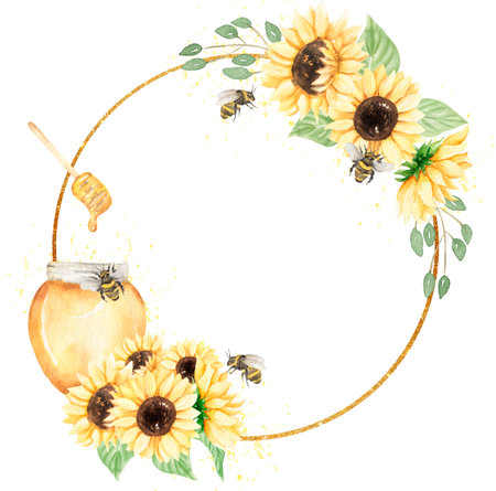 Sunflowers, bee and Honey Wreath Clipart, Watercolor Sunny Flower Frame illustration, Rustic Meadow Floral Bouquet with insects, Wedding Invites, Baby shower, Logo design, card mkingの写真素材