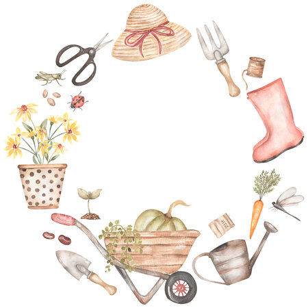 Watercolor hand drawn Gardening Frame Clipart, Garden tools clip art, Shovels illustration, Rakes, Rustic Garden Frame, Farmhouse print, Potted Plants wreathの写真素材