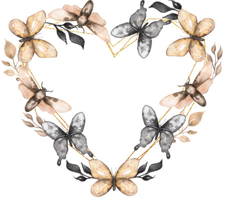 Gray and beige butterfly heart frame Illustration, Hand drawn insects clipart, Wedding Invitation, Logo design, card makingの写真素材