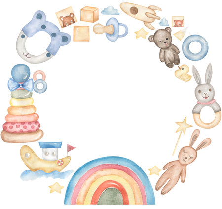 Baby Toys Wreath Clipart, Watercolor Kids Frame, Vintage Nursery Eco toys illustration, Newborn Teething Toy clip art, Card printing, rainbow clip art, Baby Shower graphicsの写真素材