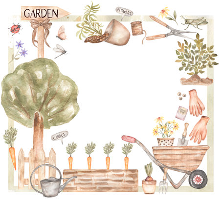 Watercolor hand drawn Gardening Frame Clipart, Garden tools clip art, Shovels illustration, Rakes, Rustic Garden Frame, Farmhouse print, Potted Plants wreathの写真素材