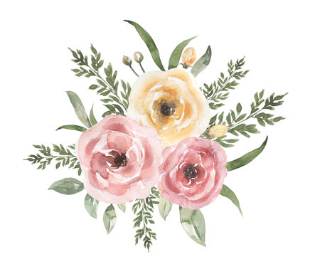 Watercolor Delicate peony flowers bouquet clipart, Pink and yellow garden flower border illustration, florals decor , roses clip art. Wedding invitation, baby shower, card makingの写真素材