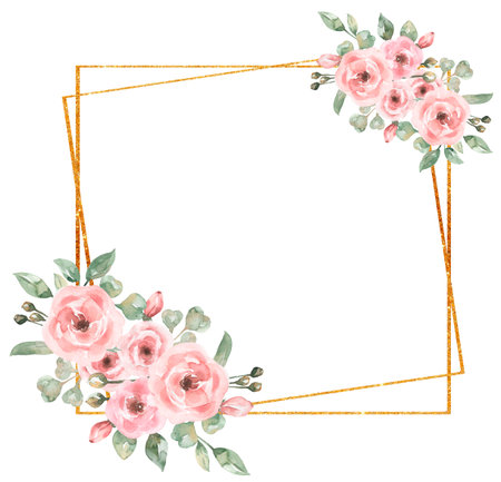 Watercolor Delicate peony flowers bouquet frame clipart, Pink garden flower border illustration, florals wreath, roses clip art. Wedding invitation, baby shower, card makingの写真素材
