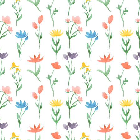 Wildflowers Seamless Pattern, Watercolor Meadow flowers paper, botanical herbs repeat pattern, floral printing design, Nature patternの写真素材
