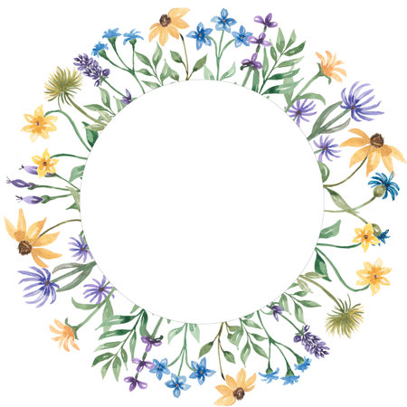 Hand drawn watercolor spring and summer meadow florals wreath illustration.Wildflower wreath, field flowers frame for wedding, birthday invitation. Meadow herbs clip art. floral arrangementの写真素材