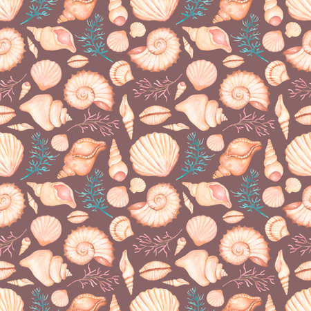 Watercolor sea shells seamless pattern, hand drawn summer ocen decor repeat paper, seashells scrapbook paper.の写真素材
