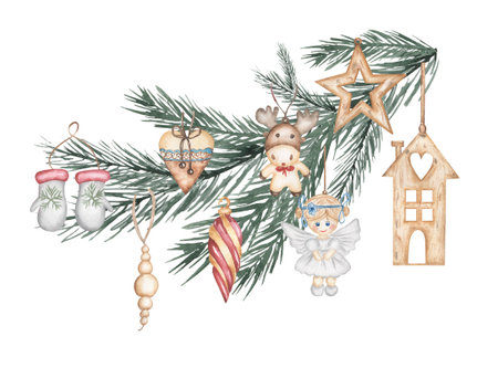 Watercolor Christmas fir branch with vintage christmas tree toys, bouquet clipart, Winter floral illustration, holidays decorの写真素材