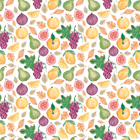 Watercolor fruit seamless pattern, hand drawn grapes and garden fruits repeat paper, pear, plum and lemon print, eco food scrapbook paper.の写真素材