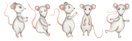Watercolor cute rats illustration set, hand drawn gray big mouse clipart, animals print.の写真素材