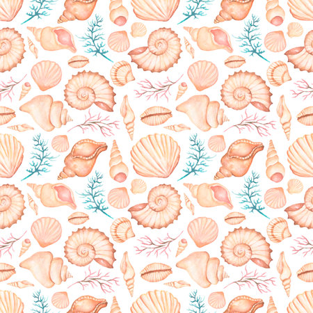 Watercolor sea shells seamless pattern, hand drawn summer ocen decor repeat paper, seashells scrapbook paper.の写真素材
