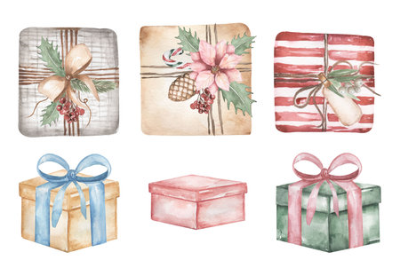 Watercolor Christmas box with florals decor set, vintage christmas gifts illustration, Winter holidays decor clipartの写真素材