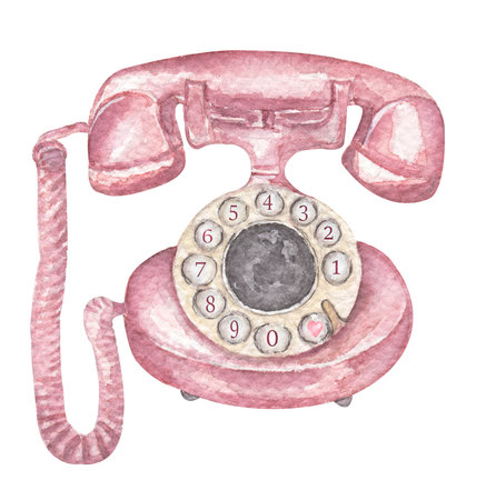 Watercolor hand drawn Retro phone clipart, Pink Rotating Disk Antique telephone illustration. Scrapbook element, card makingの写真素材