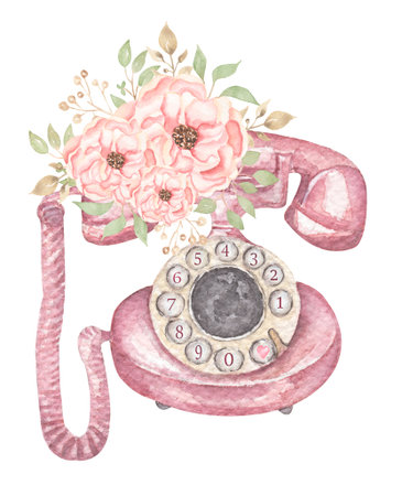 Watercolor Retro phone with Delicate florals bouquet clipart, Pink flowers and Rotating Disk Antique telephone illustration, peony flowers. Wedding invitation, baby shower, card makingの写真素材
