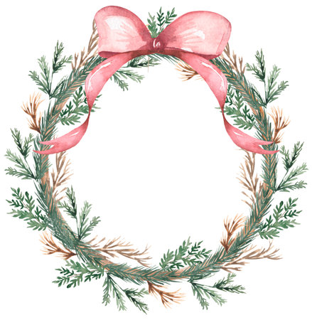 Watercolor Christmas tree wreath with bow, branch decoration clipart set, Winter frame illustration, cute holidays decor clip art, card printingの写真素材