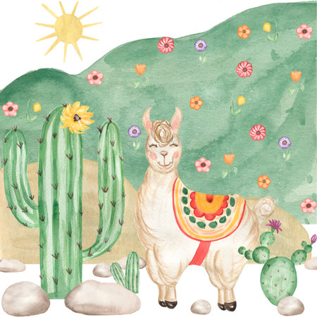 Watercolor Cute Summer Poster, Alpaca and cactus clipart, mountains composition, Animal illustration, cute holiday cardの写真素材