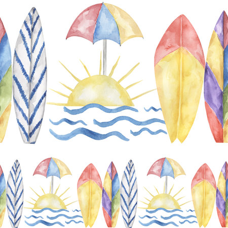 Watercolor summer beach seamless border, cute beach frame with surf board, card makingの写真素材