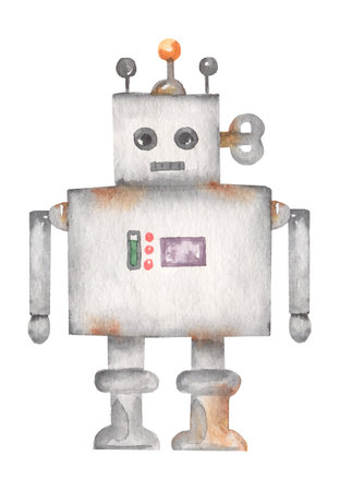 Watercolor Cute Old Robot clipart, Machine, Cartoon clip art, Kids Toy illustration, baby showerの写真素材