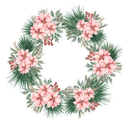 Watercolor Christmas tree wreath with Poinsettia flowers and berries decoration clipart, Winter frame illustration, cute holidays decor clip art, card printingの写真素材