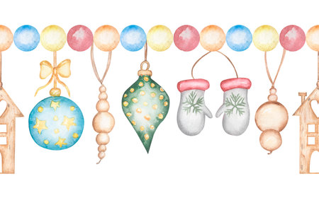 Watercolor Christmas seamless border with cute toys decoration clipart, Winter repeat border illustration, cute holidays decor clip art, card printingの写真素材