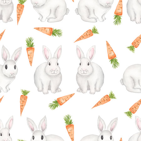 Watercolor easter white bunny and carrot seamless pattern, hand drawn cute rabbit and garden vegetable repeat paper, baby animal print, scrapbook paper.の写真素材