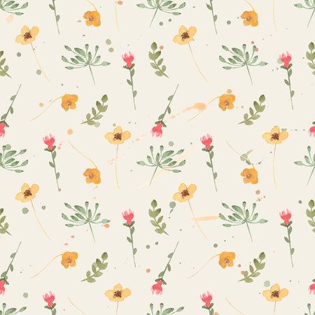watercolor wildflowers seamless pattern, meadow floral repeat paper, vintage fiels herbs print, textile printing.の写真素材