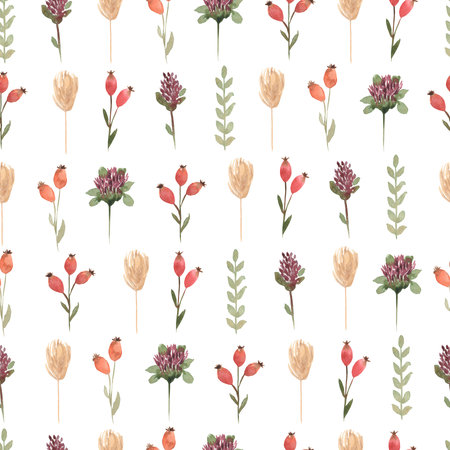 watercolor wildflowers seamless pattern, meadow floral repeat paper, vintage fiels herbs print, textile printing.の写真素材