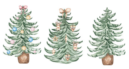 Watercolor Christmas tree with toys decoration clipart set, Winter illustration, cute decor clip art, card printingの写真素材