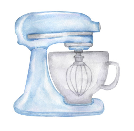 Watercolor blue mixer clip art, whipping illustration, hand drawn baker utensil, kitchen clipart, bake logo designの写真素材