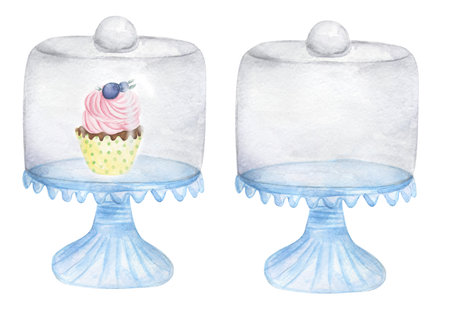 Watercolor blue cake for cake with cupcake clip art, plate illustration, hand drawn baker element, kitchen clipart, logo bake design, bakery clip artの写真素材