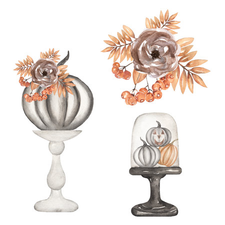 Watercolor hand drawn Halloween black pumpkin and florals clipart set, beige leaves branch and berries bouquets illustration, autumn time clipartの写真素材
