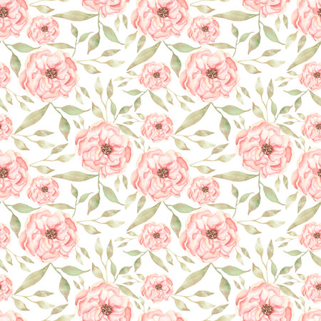 Watercolor hand drawn pink peony flowers seamless pattern, Florals repeat paper, garden florals and pink stripes background. scrapbook paperの写真素材