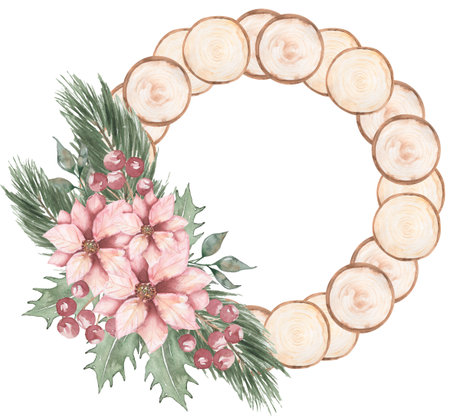 Watercolor slice of wood with winter floral bouquet decoration. Flower Poinsettia with winter branch border, Christmas Rustic decor. Wooden wreathの写真素材