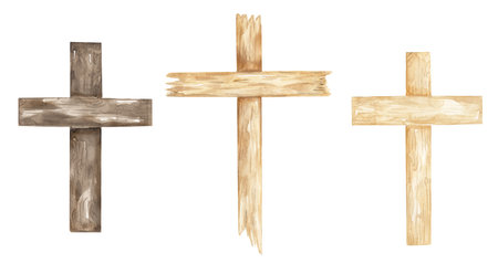 Cross Clipart, Watercolor Christian brown and light wooden cross set, Baptism Cross clip art, Wedding invites, Holy Spirit, Religious illustrationの写真素材