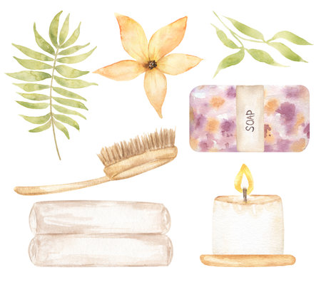 Spa illustration set. Bath accessories. A bar of soap, Candle and towel clip art, body dry brush, tropical flowers and leaves cliparts. Hand drawn watercolor bathroom accessories illustration.の写真素材