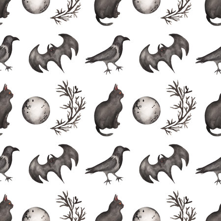 Watercolor hand drawn Halloween seamless pattern, Scary Party repeat paper, Black cat, bat, moon print, Black Gothic background. scrapbook paperの写真素材