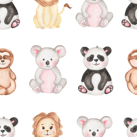 Watercolor Tropical Animal Repeat Paper, Baby panda seamless pattern, cute koala print, sloth pattern for fabric, printing design, scrapbook paper, zoo animalsの写真素材