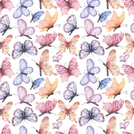 Butterfly Seamless Pattern, Watercolor Moth paper, Insects Repeat Pattern, Textile printing, Summer Printing Design, scrapbook paper, card making, decoupage designの写真素材