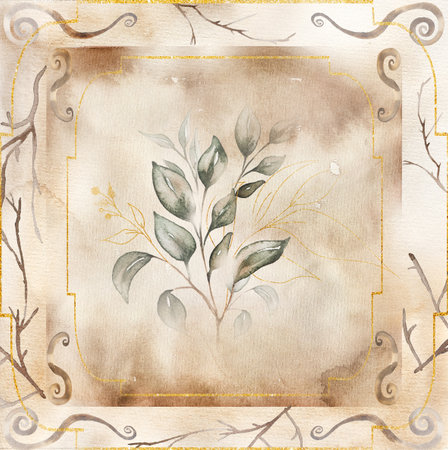 Abstract Boho Tile Clipart, Watercolor Ethnic background, Bohemian illustration, Greenery and beige tile, Contemporary artの写真素材