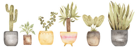 Boho indoor plant clipart. Watercolor modern home decor illustration. House plant greenery floral elements. planner art, scrapbookingの写真素材