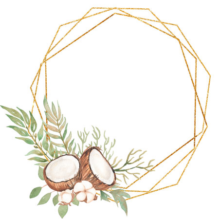 Watercolor Coconut Clipart, Greenery Wreath illustration, Cotton, Coconut border, Floral Bouquet, Golden Frame, Tropical florals wreath, Wedding Invites, Logoの写真素材