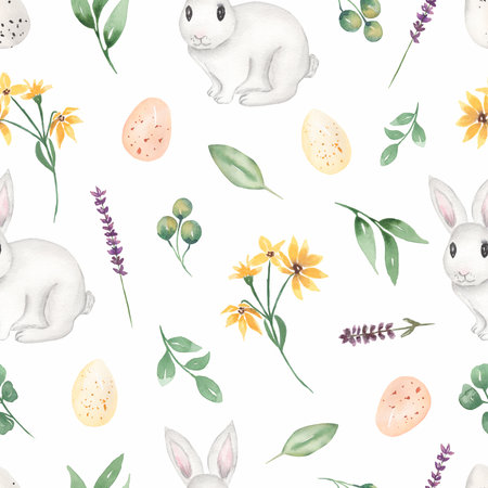 Watercolor Easter Seamless Paper, White Bunny pattern, wildflower seamless pattern, Chicken easter eggs, rabbit endless paper, cute print for fabricの写真素材