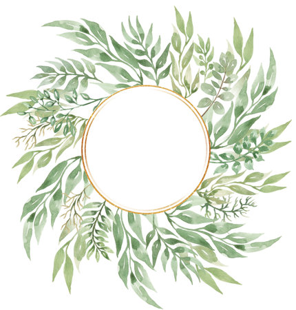 Watercolor hand drawn Greenery Wreath Clipart, Green Florals Leaves Border Illustration, Foliage branch and golden frame, Wedding Invitationの写真素材