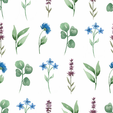 Wildflowers Seamless Pattern, Watercolor Herbs paper, Meadow flowers endless paper, lavender repeat pattern, floral printing designの写真素材