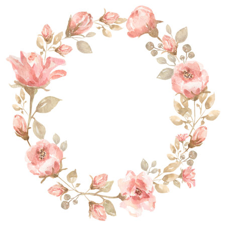 Watercolor Coral Floral Wreath Clipart, Pink Peony Flower Arrangement Illustration, Delicate Peach Frame, boho wedding bouquet, baby showerの写真素材