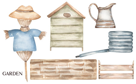 Watercolor hand drawn Garden Illustration set, cute garden dummy clipart, blue hose clip art, brick fence, old metal jar, green bee hive, Rustic elements for scrapbookingの写真素材