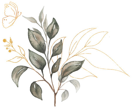 Greenery bouquet Clipart, Watercolor golden branch and butterfly illustration, green Gray Foliage, Green leaves, petal, Florals, wedding invites, Logo designの写真素材