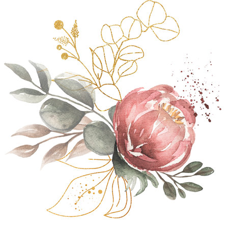 Greenery bouquet Clipart, Watercolor golden branch and red peony flower illustration, green Gray Foliage, Green leaves, petal, Florals, wedding invites, Logo designの写真素材