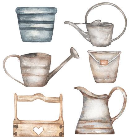 Watercolor hand drawn Gardening Clipart, Garden Scene Creator, tools clip art, old metal jar, bucket, watering can, pot, Rustic Farmhouse elements, scrapbookの写真素材